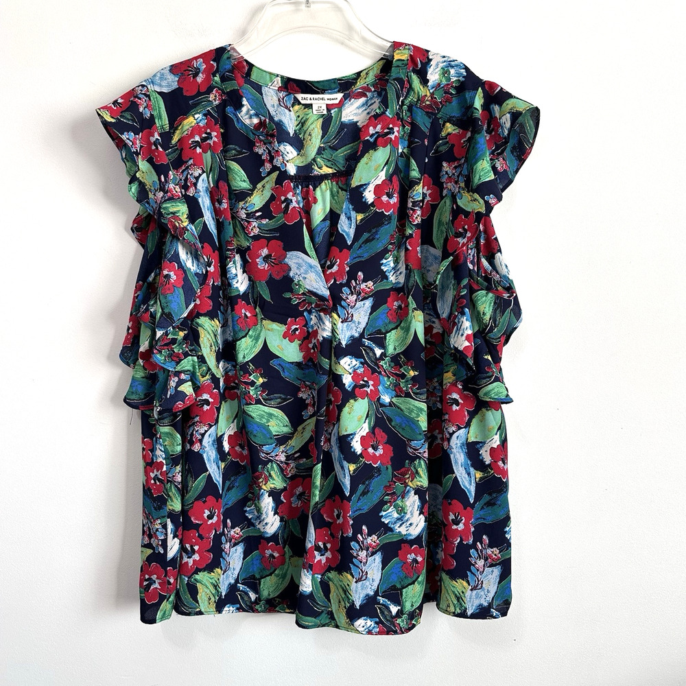 Zac & Rachel Popover Top Shirt‎ Plus 2X Floral Split Neck Flutter Short Sleeve